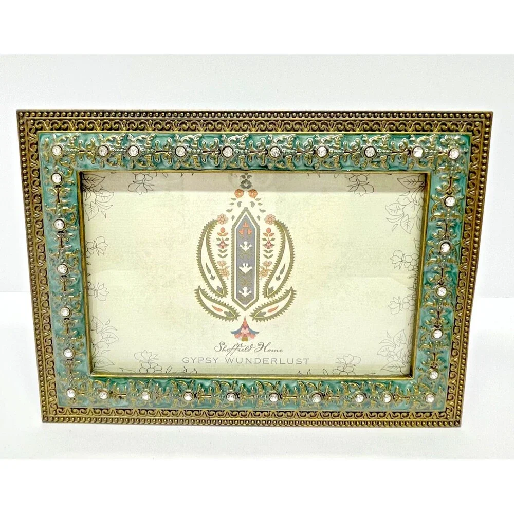 Sheffield Home set of (2) 4x6 Pewter Picture Frames-Ornate/Jeweled-Green & Gold